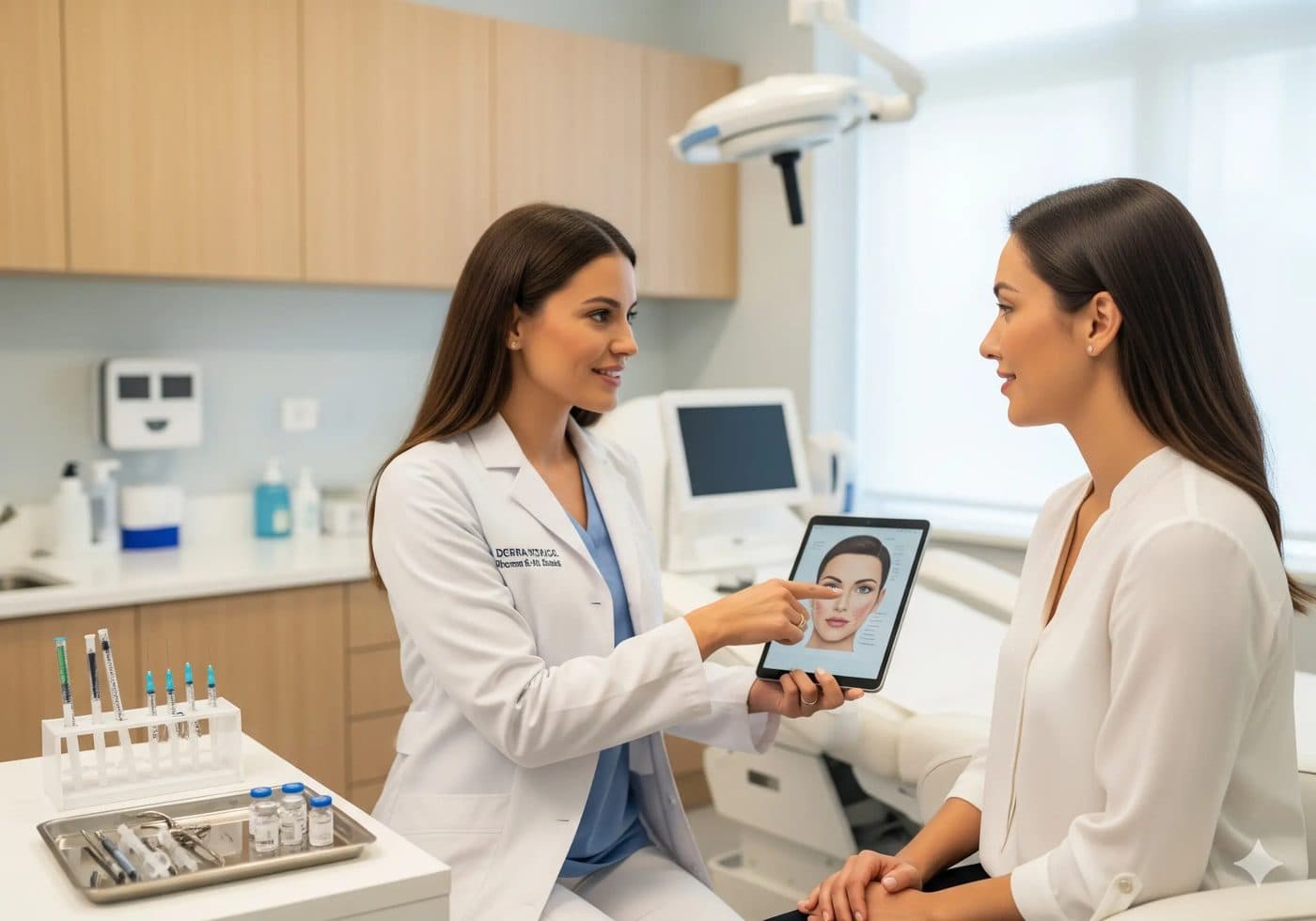 Doctor in a white coat discussing a treatment plan on a tablet with a client in the clinic