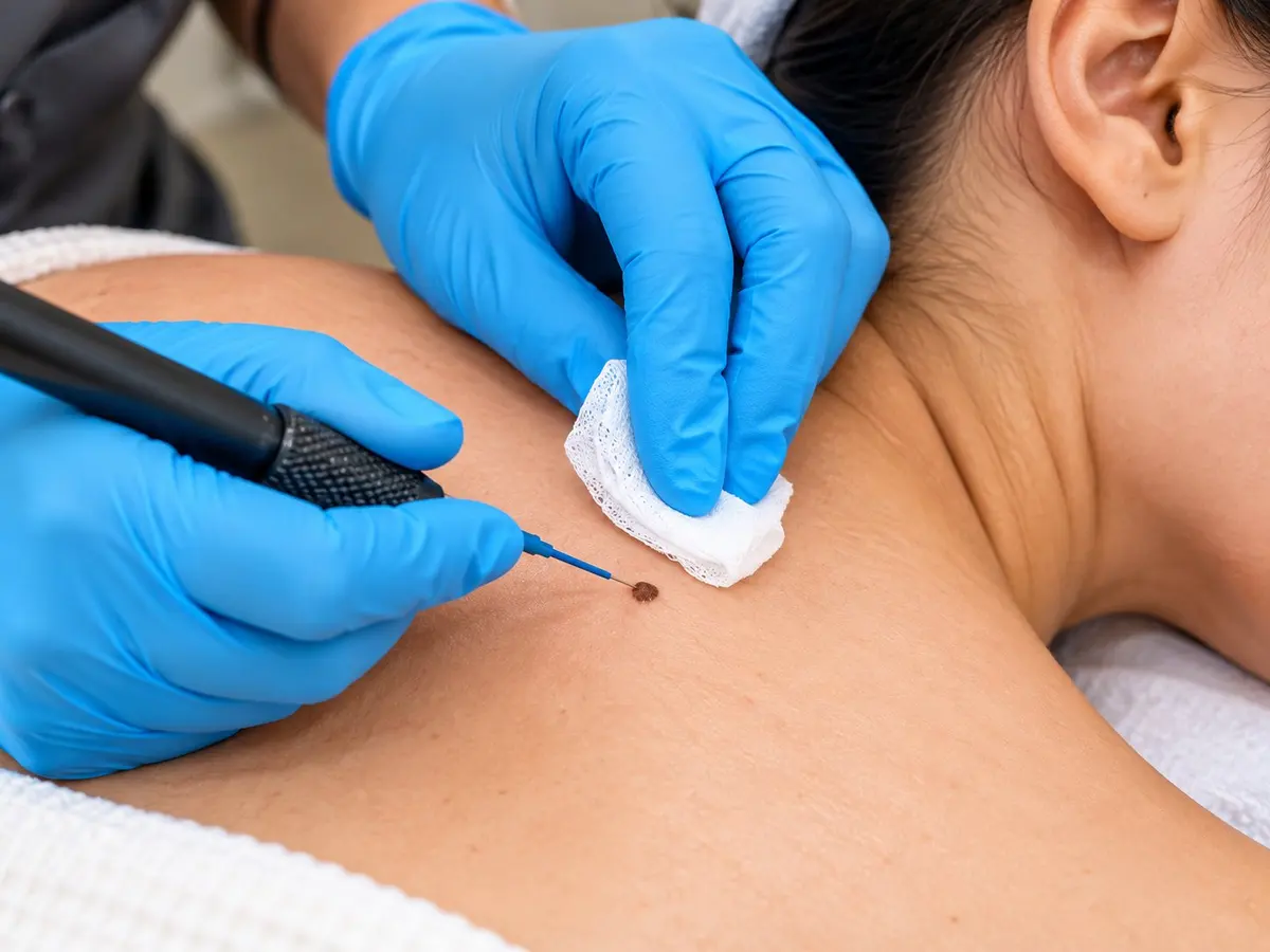 Gloved hands using a fine cautery tip on a small dark growth on a client’s upper back