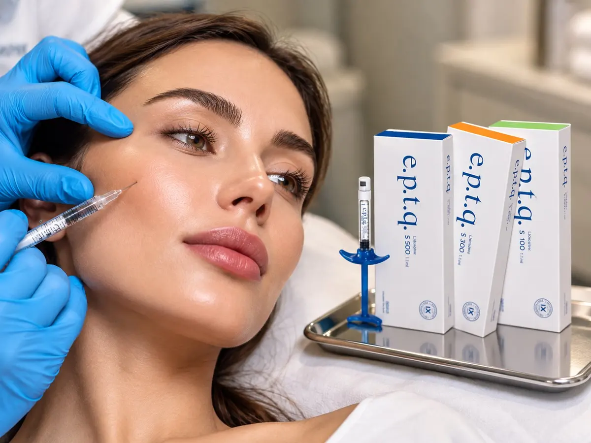 Doctor injecting filler below a woman’s eye, with EPTQ filler boxes on a steel tray