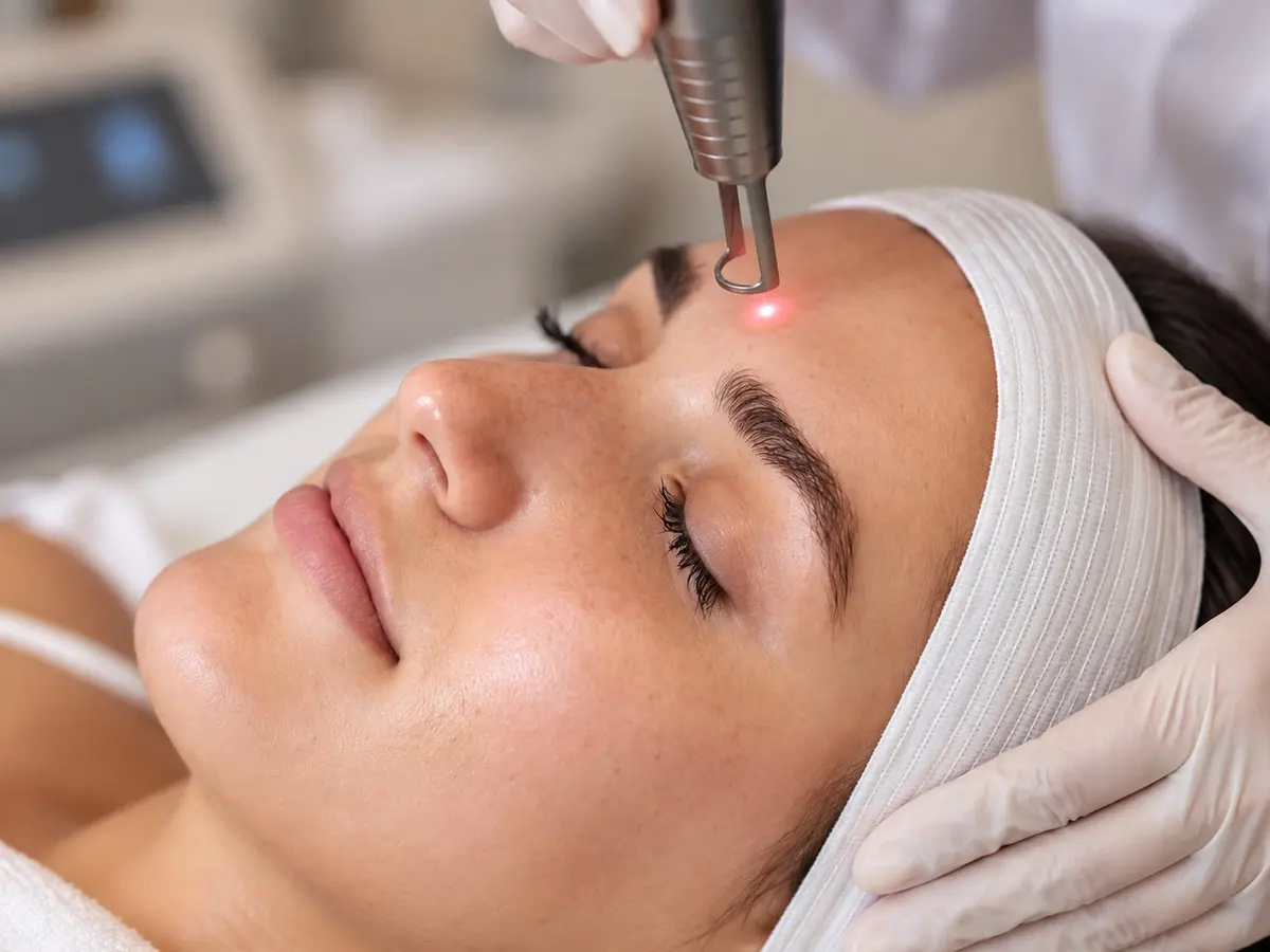 Gloved hand guiding a laser handpiece over a woman’s forehead as she lies with eyes closed