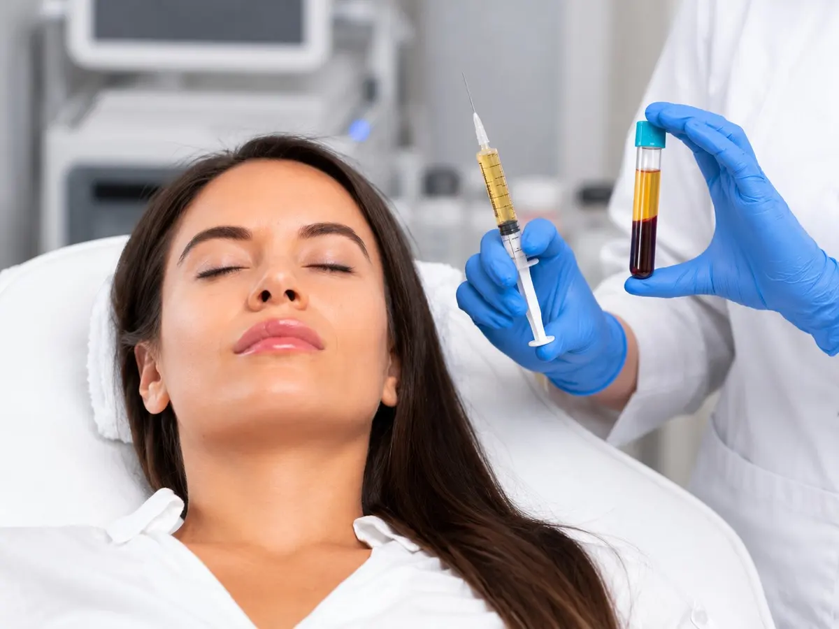 Woman resting on a treatment bed while a gloved hand holds a syringe and a separated blood tube