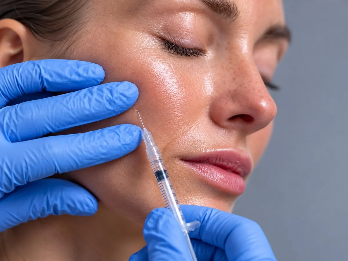 Gloved doctor injecting filler along a woman’s cheek and jaw