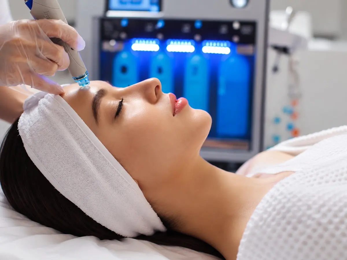HydraFacial handpiece on a relaxed woman’s forehead, with the treatment machine glowing behind