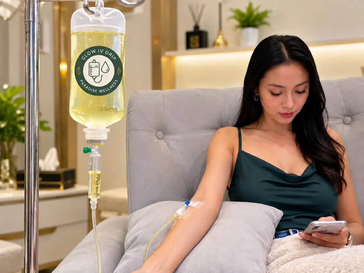 Woman relaxing on a grey recliner with a Glow IV Drip in her arm, looking at her phone