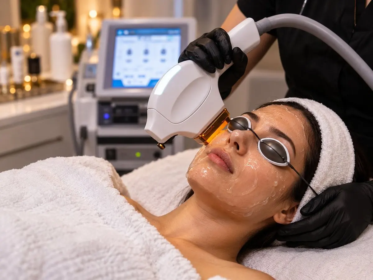 Woman in eye shields and a headband as an IPL handpiece is held to her cheek