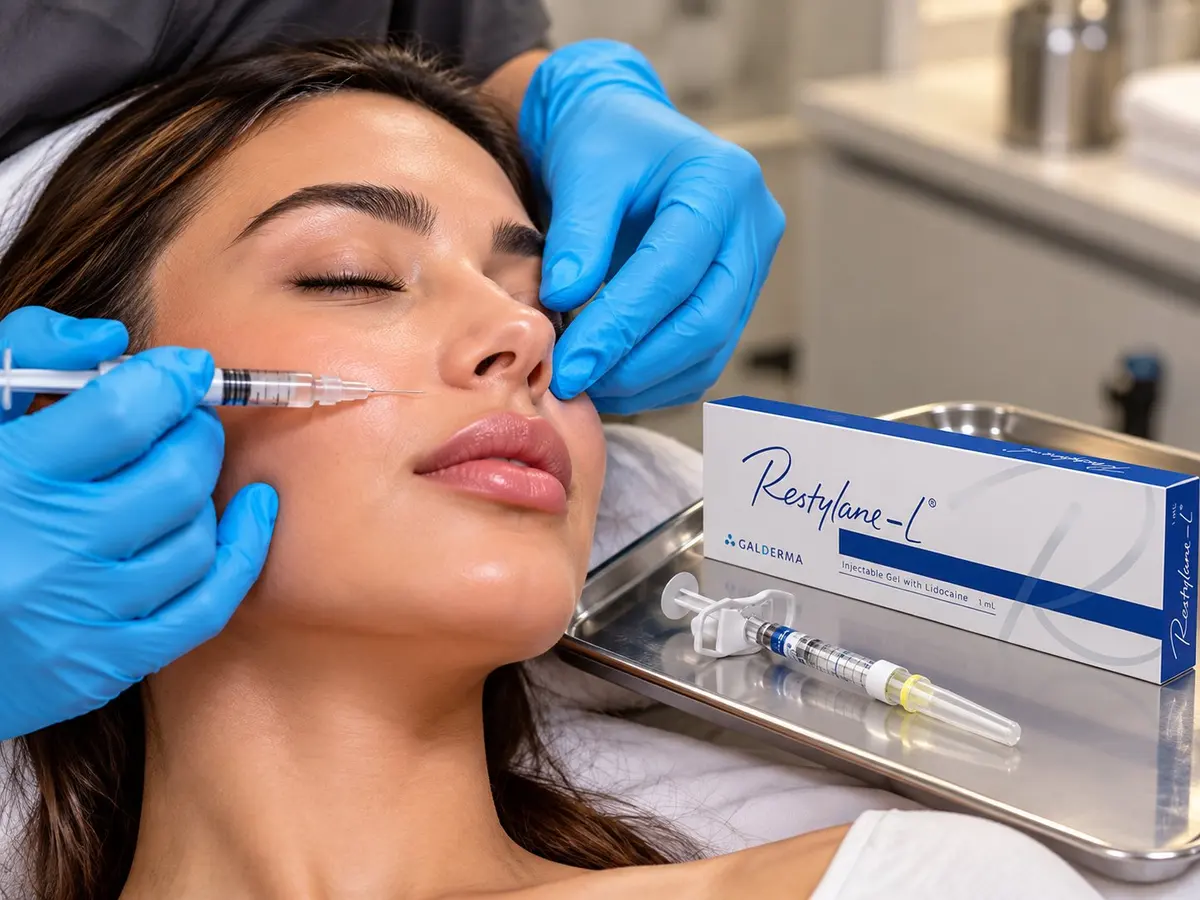 Gloved doctor injecting filler into a woman’s cheek, with a Restylane-L box on a steel tray