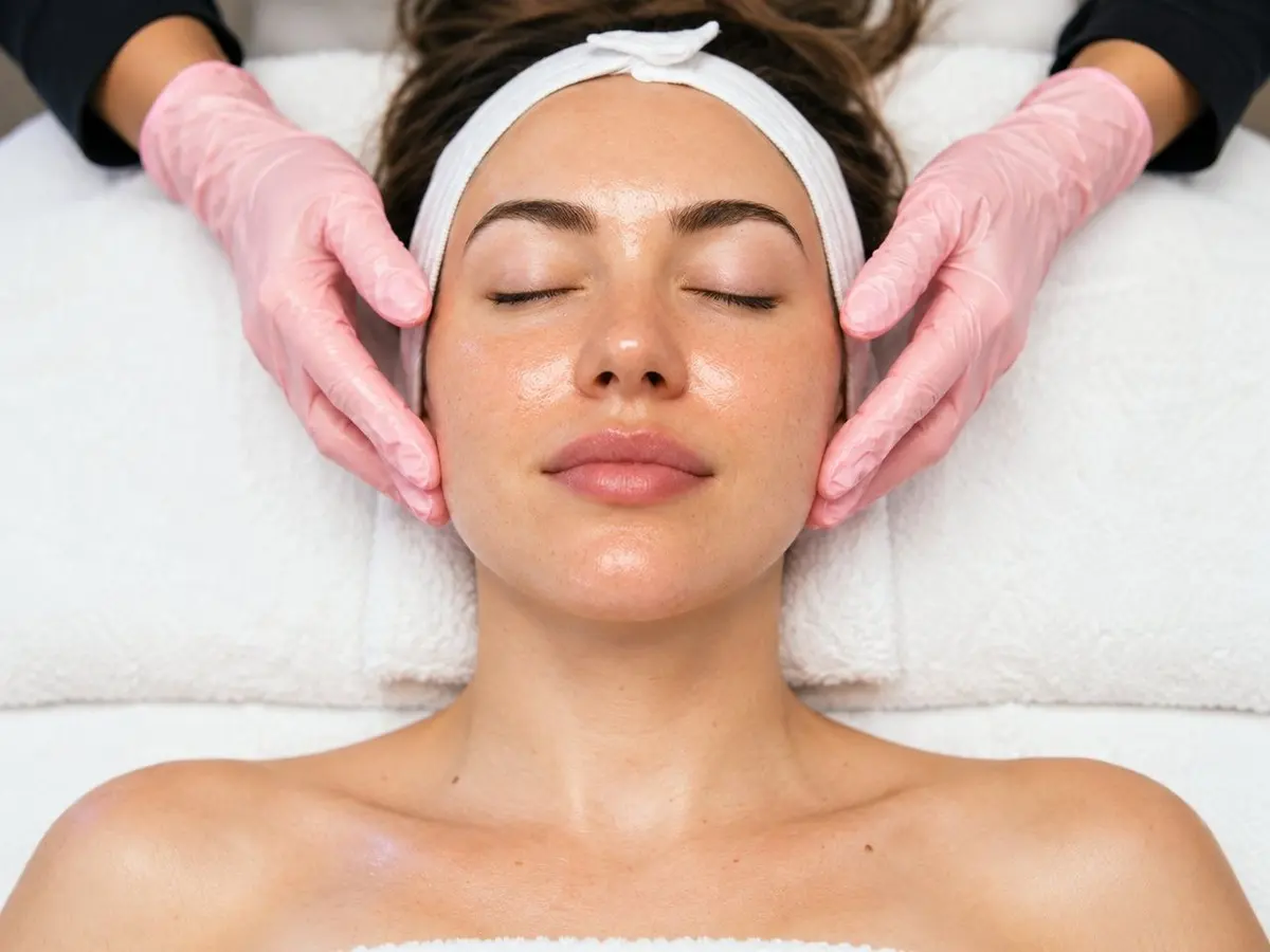 Therapist gently massaging a client’s face during a glow facial