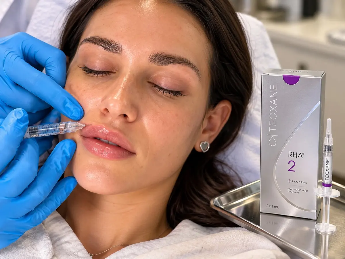 Doctor injecting filler into a woman’s upper lip, with a Teoxane RHA 2 box and syringe on a tray