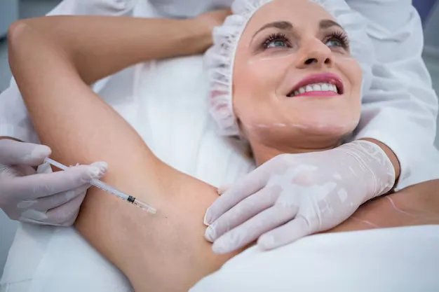 A doctor in a white coat and gloves is injecting a woman's armpit with a syringe. The woman, wearing a hair net and with her eyes closed, appears relaxed. The focus is on the injection process.