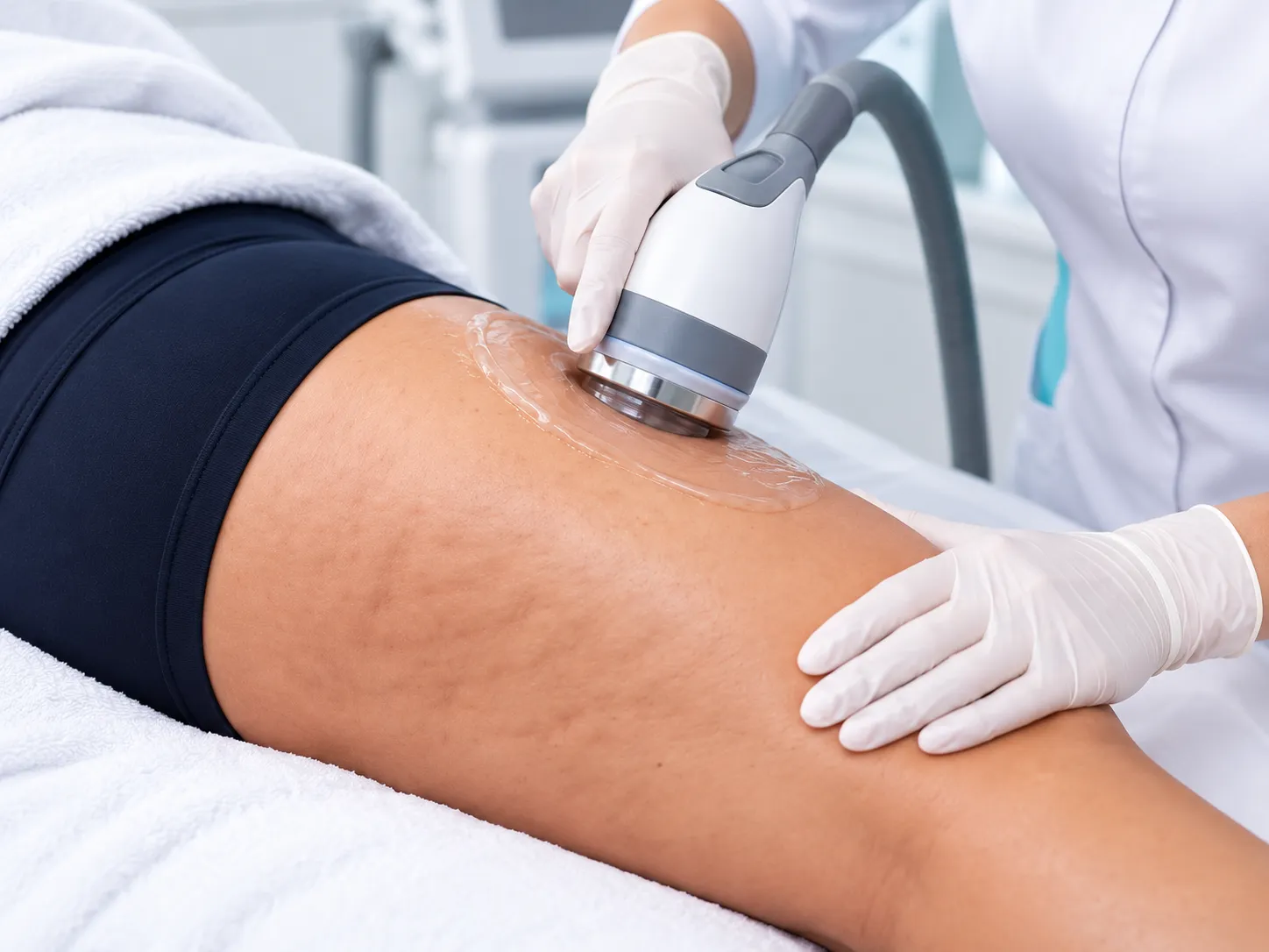 Body contouring treatment being performed on the thigh area to address cellulite