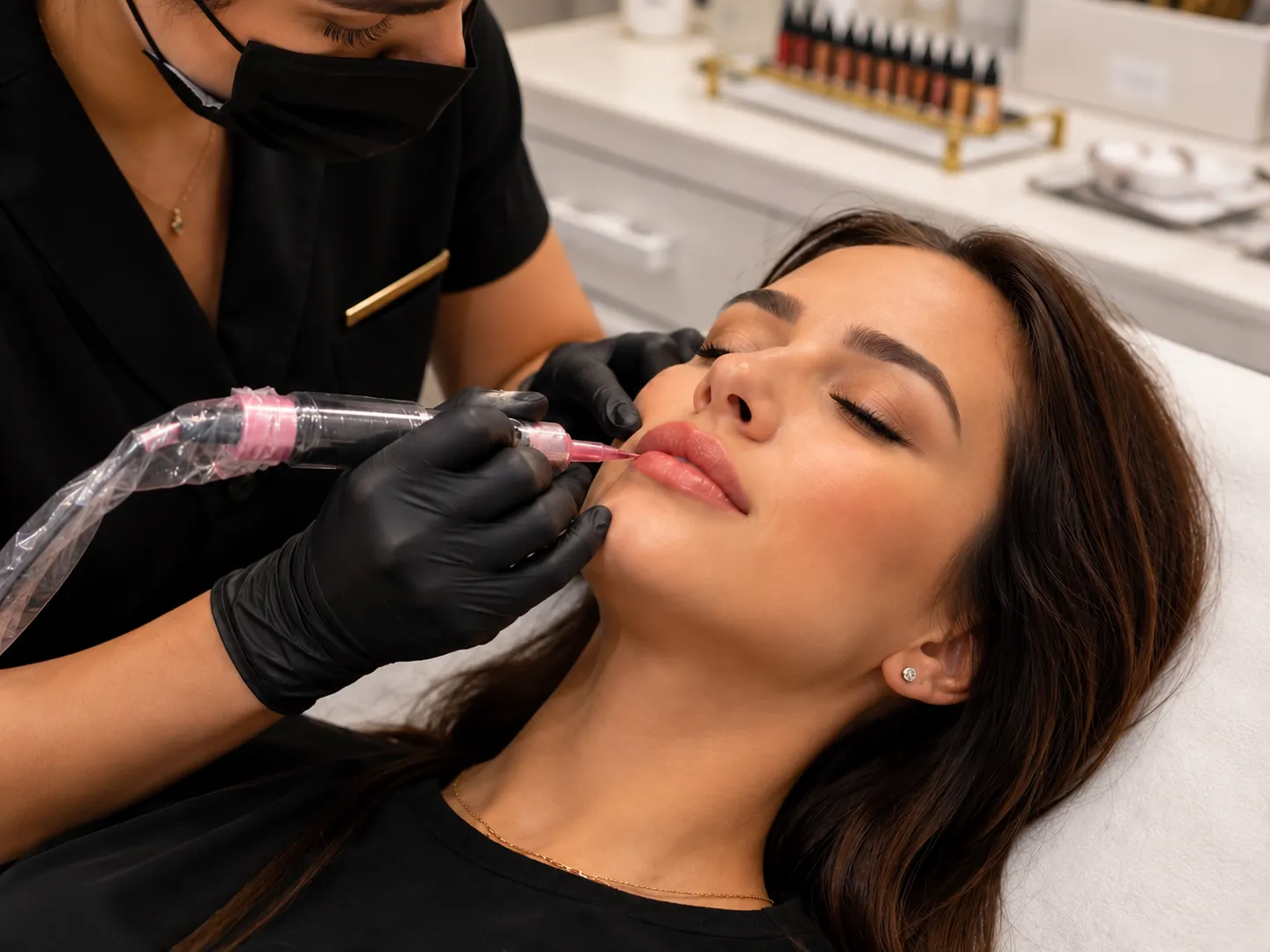 Permanent makeup procedure for enhancing eyebrows and lip colour at Paradise Wellness Delhi