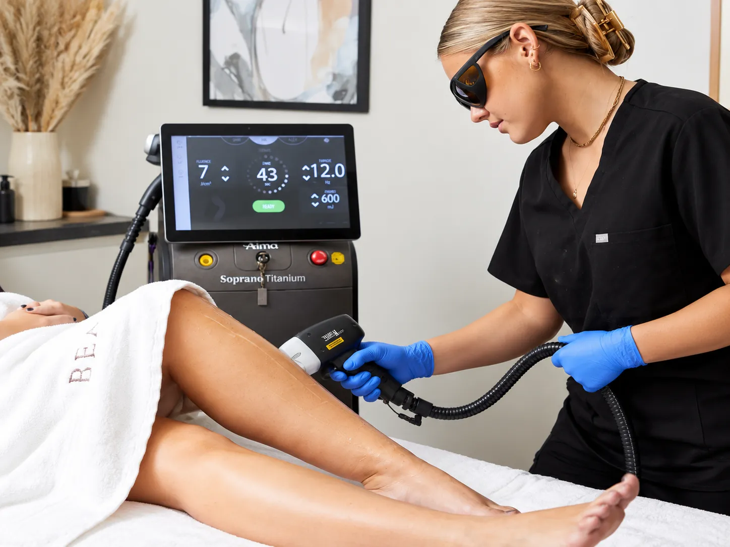 Client relaxing in protective eyewear during a laser hair removal session