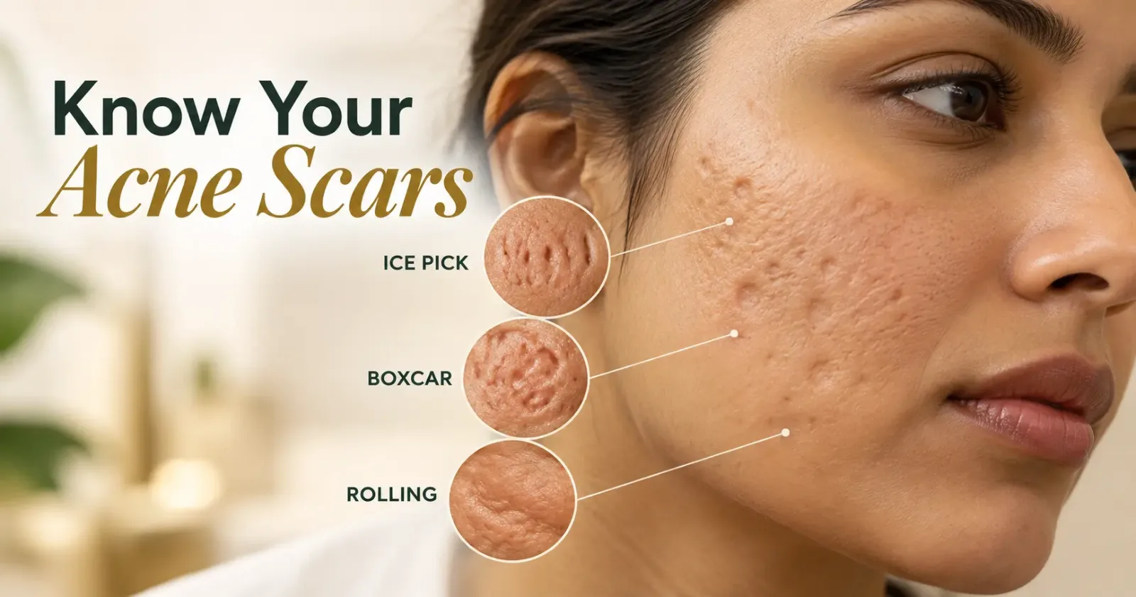 Acne scar types showing ice pick, boxcar and rolling scars on the cheek