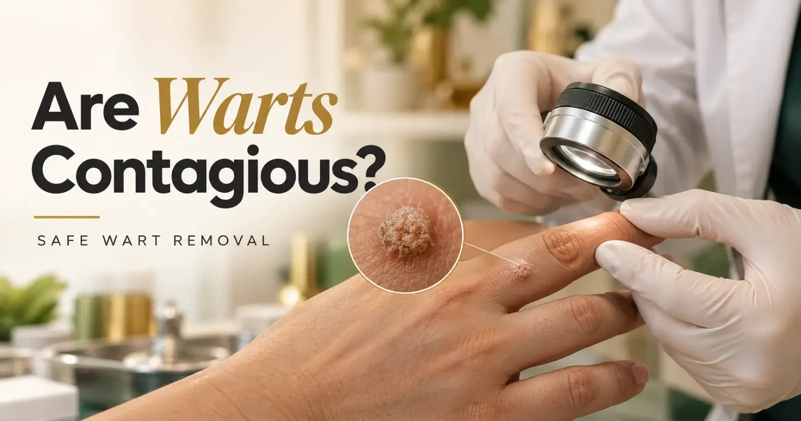 Are warts contagious? Close-up of a dermatologist examining a common wart for safe wart removal.