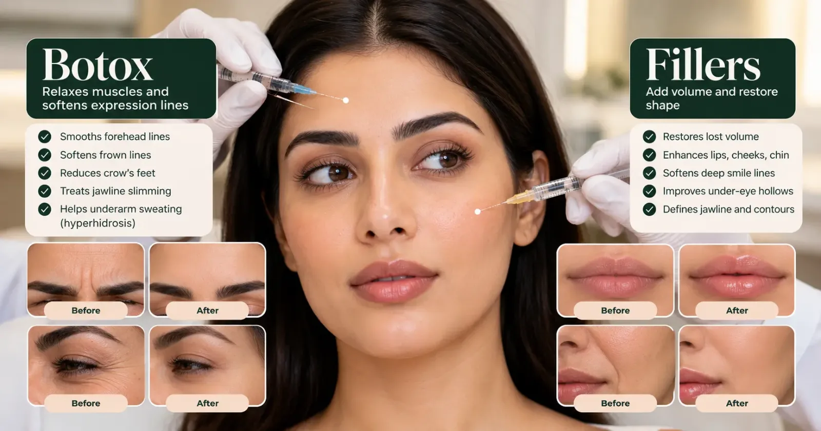 Botox vs dermal fillers showing facial injection treatments, expression line reduction, and volume restoration.