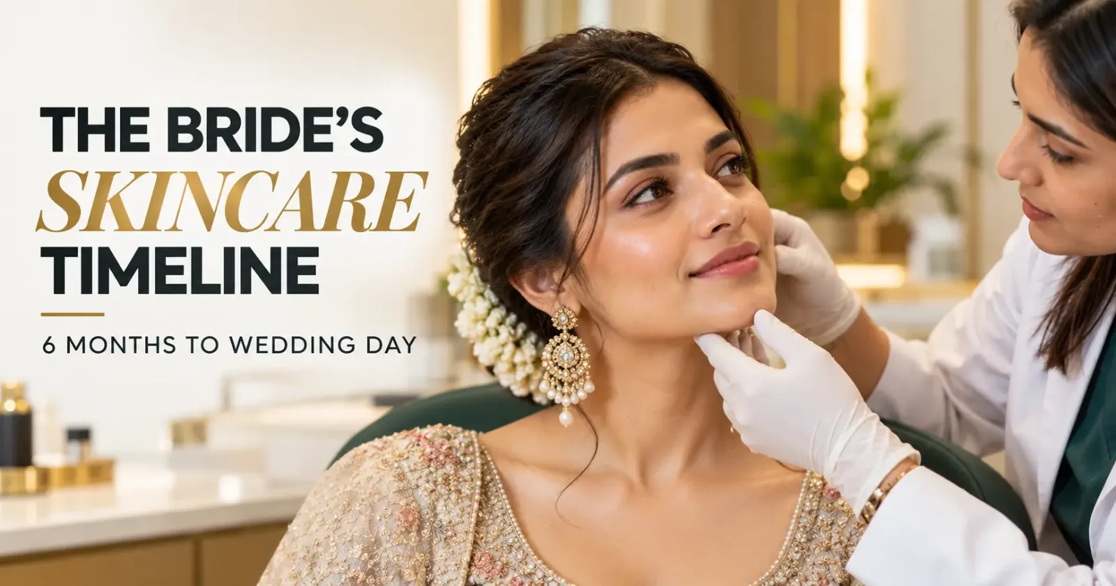 Indian bride receiving a pre-wedding skincare consultation at a luxury dermatology clinic
