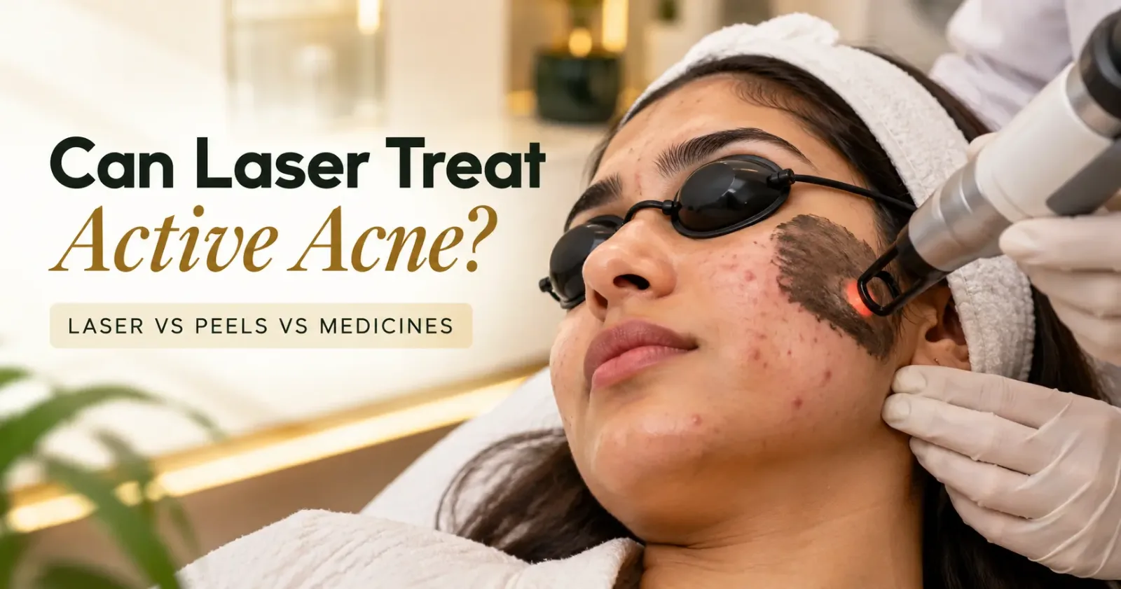 Laser treatment for active acne on an Indian woman's cheek using a carbon laser peel at Paradise Wellness