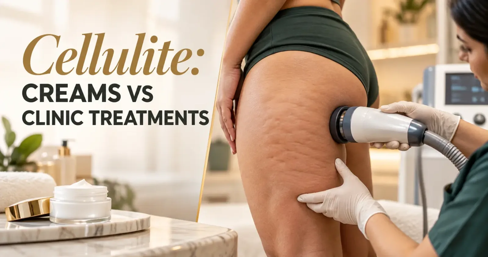 Photorealistic cellulite treatment on a woman's outer thigh using acoustic wave therapy at a luxury skin clinic, comparing cellulite creams with professional clinic treatments.