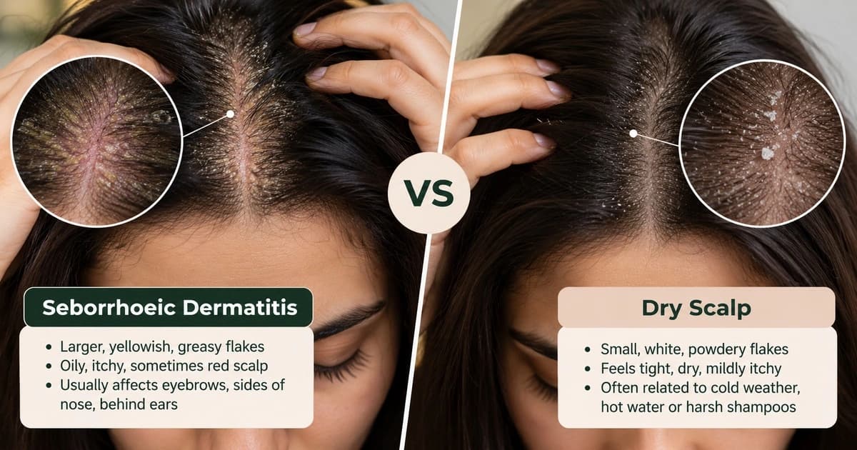 Seborrhoeic dermatitis vs dry scalp showing the differences between greasy yellow flakes and small white flakes.