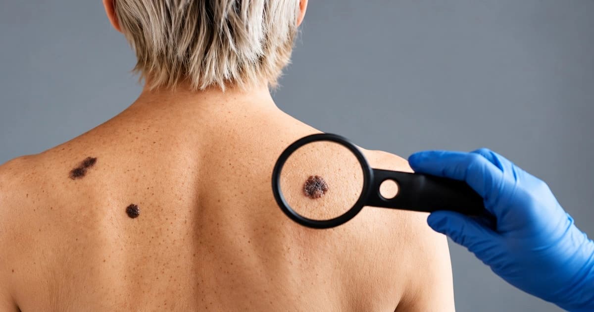 Dermatologist examining a dark birthmark on the upper back using a magnifying glass.