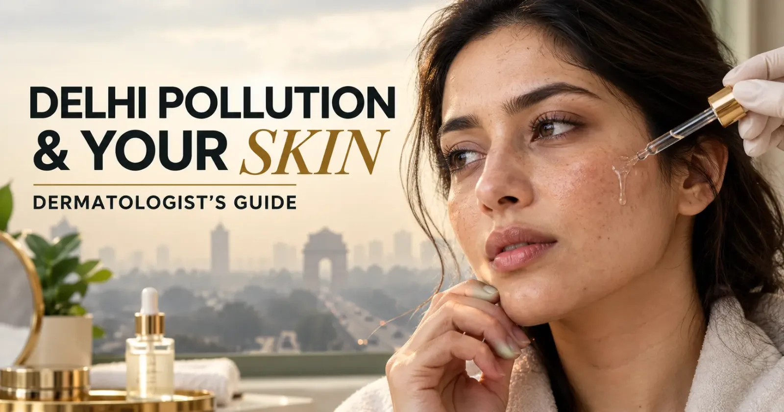 Indian woman receiving skincare serum treatment in a hazy Delhi setting, illustrating the effects of air pollution on skin.