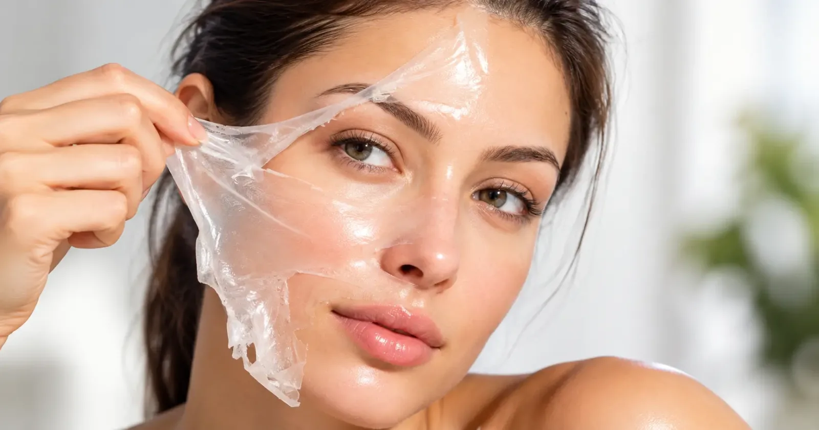 A woman with glowing glass skin gently peeling off a facial mask during a glycolic peel skincare treatment.