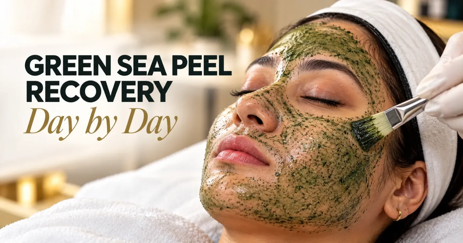Green Sea Peel treatment with green herbal mask applied to a woman's face, illustrating skin peeling and recovery