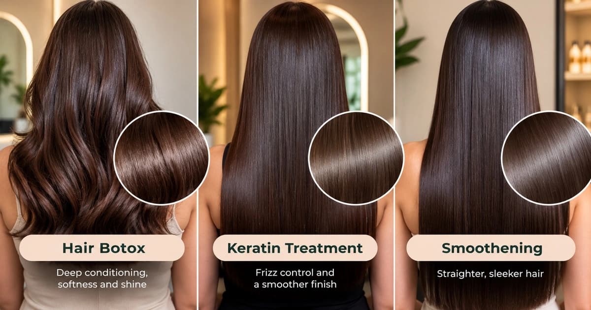 Hair Botox vs keratin vs smoothening showing differences in hair texture, shine and straightness.