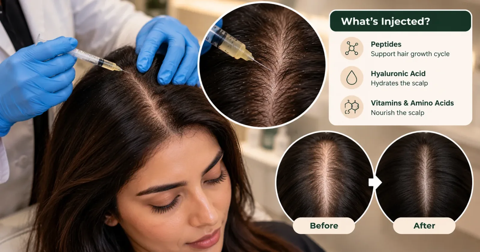 Hair filler treatment for thinning hair showing scalp injections and a close-up comparison of hair density.