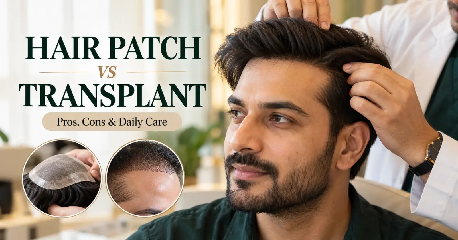Hair patch vs hair transplant showing a natural-looking hair system and specialist examining a man's hairline