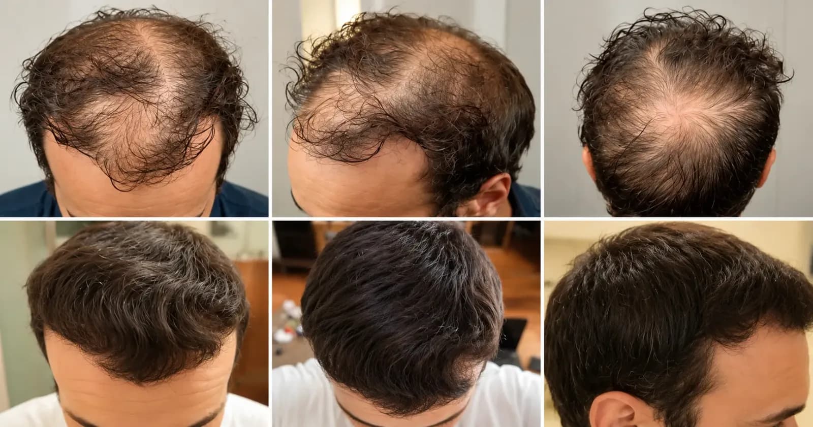 Hair transplant before and after results showing thinning hair, crown baldness and fuller hair coverage