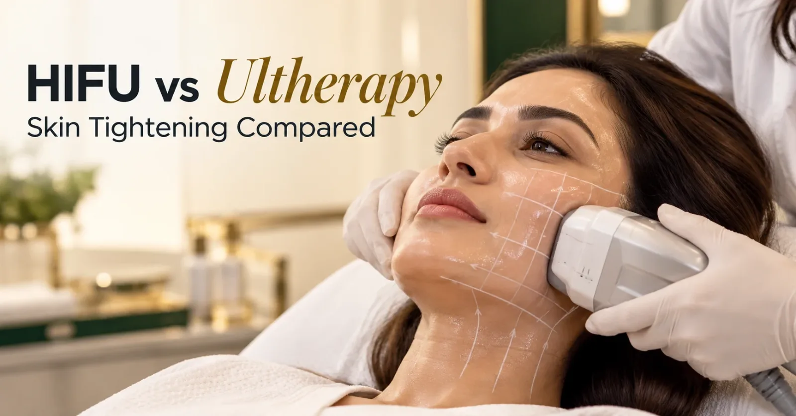 HIFU vs Ultherapy facial skin tightening treatment with ultrasound device