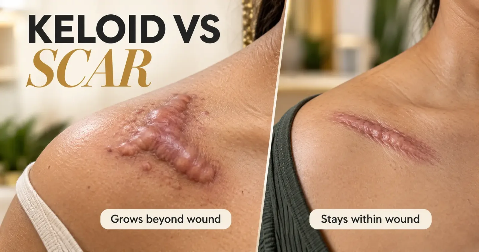 Keloid vs hypertrophic scar comparison showing a raised keloid extending beyond the original wound and a hypertrophic scar confined to the wound.