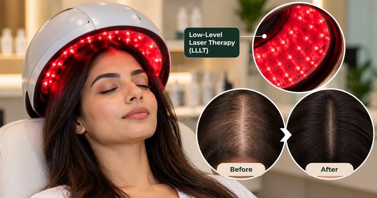 Low-level laser therapy for hair loss showing a red light therapy cap and scalp hair density comparison.