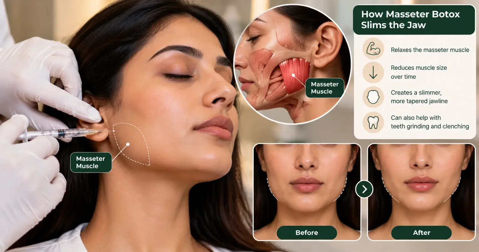Masseter Botox for jaw slimming showing the masseter muscle, injection area and jawline before-and-after comparison.