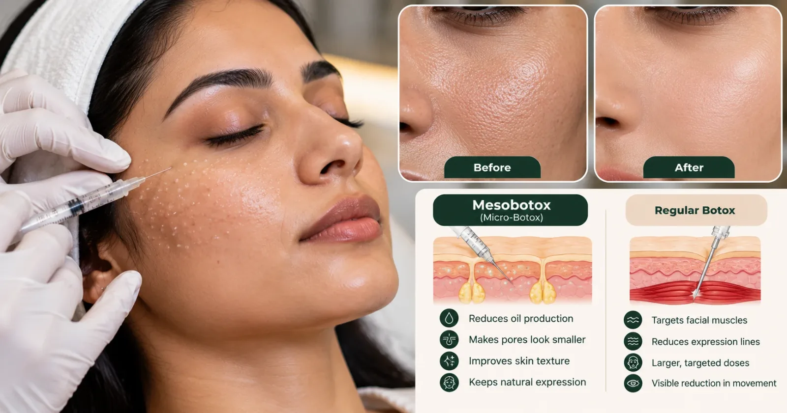 Mesobotox vs regular Botox showing microinjections, skin texture improvement and differences in treatment depth.
