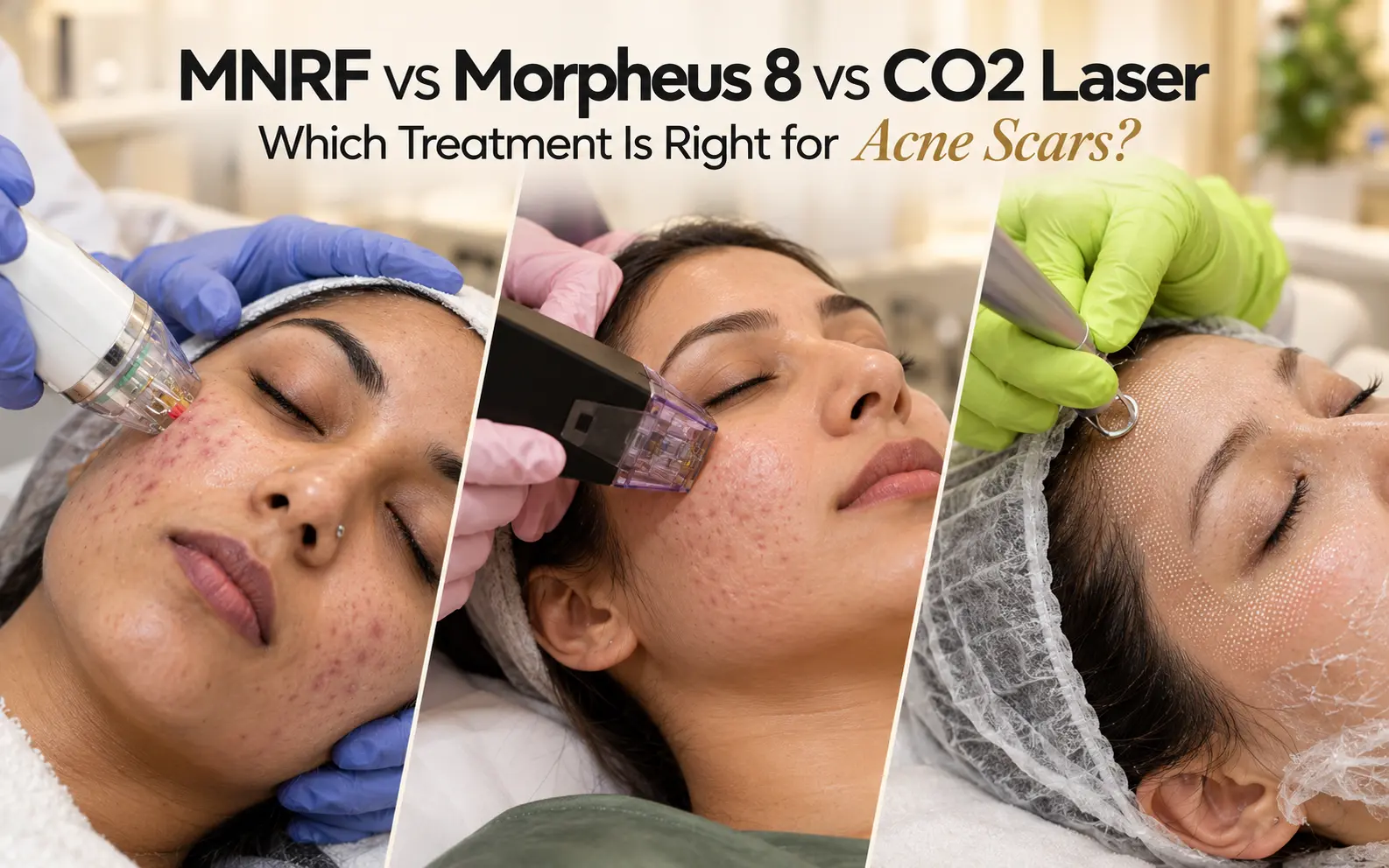 MNRF vs Morpheus 8 vs CO2 laser for acne scars, showing three dermatological treatments