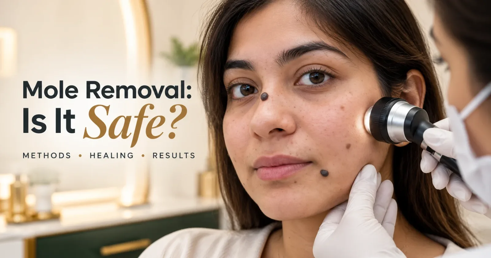 Dermatologist examining facial moles with a dermatoscope before mole removal treatment at a skin clinic.
