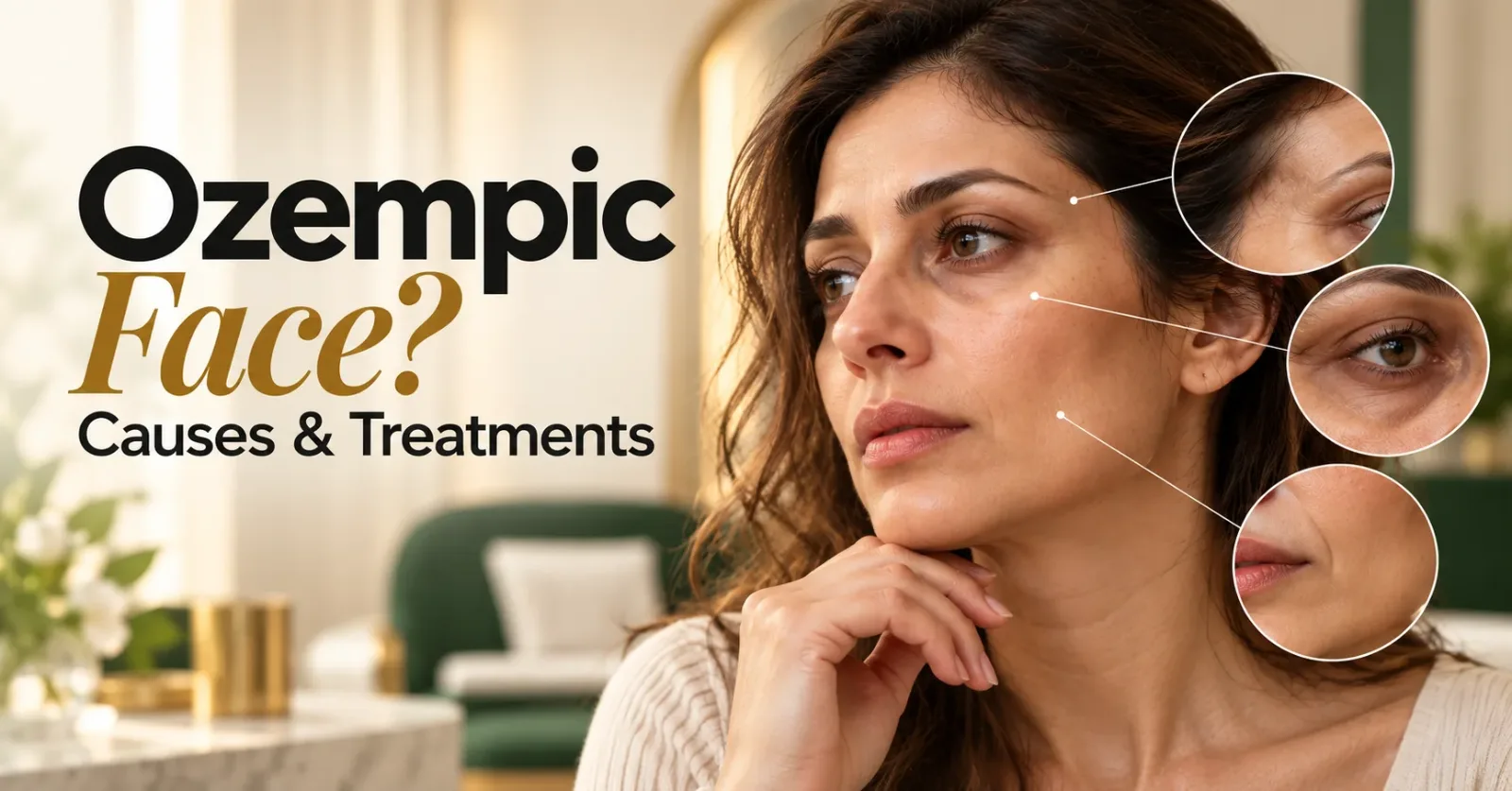 Ozempic face and Mounjaro face showing facial volume loss, under-eye hollows and cheek changes after weight loss.