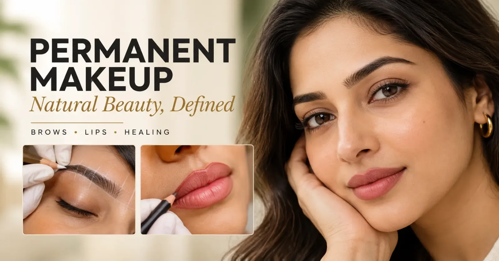 Permanent makeup for eyebrows and lips showing natural brow definition and lip blush treatment