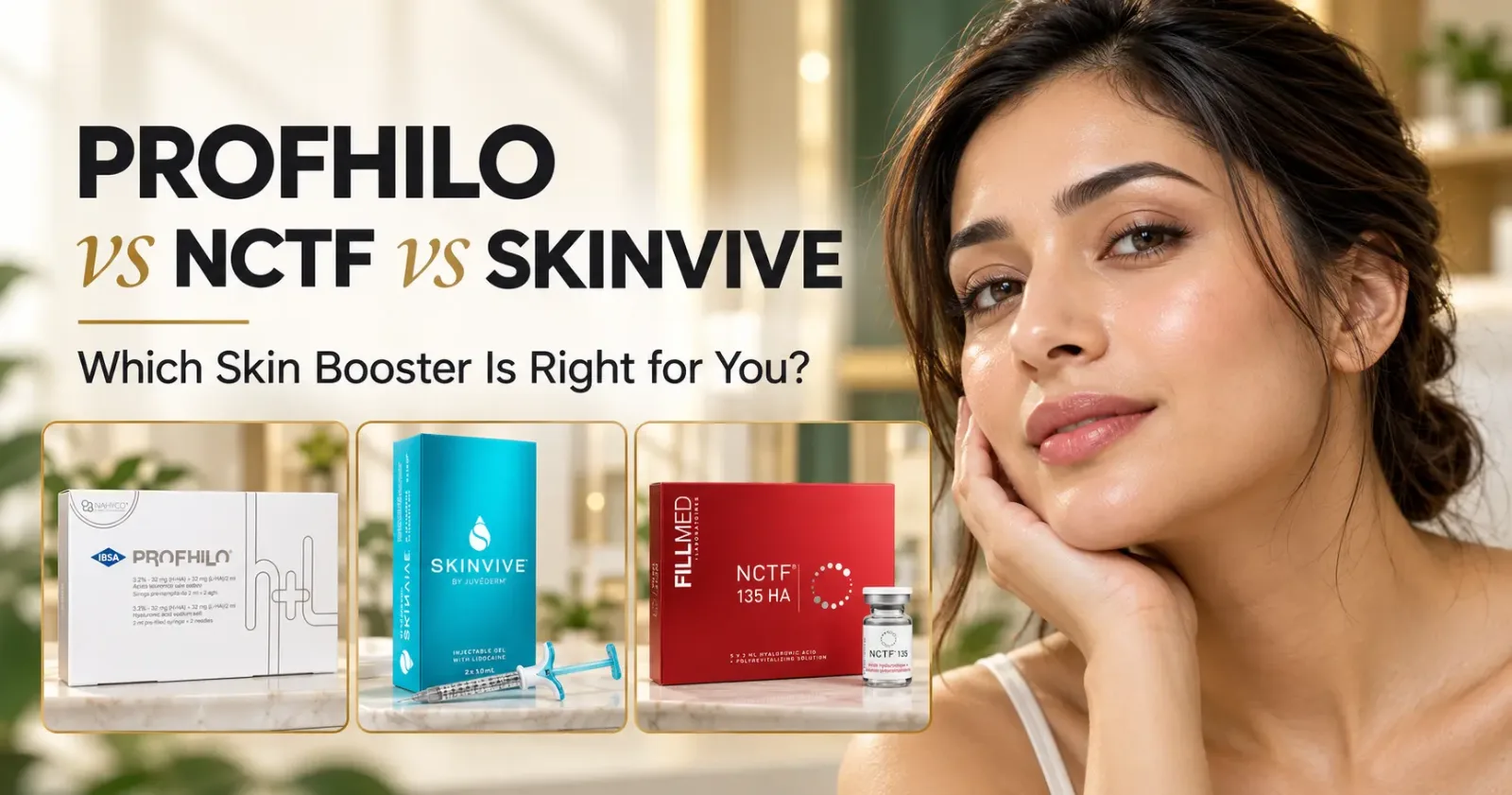 Profhilo vs NCTF vs Skinvive skin booster comparison featuring all three products and a close-up of healthy, glowing skin.