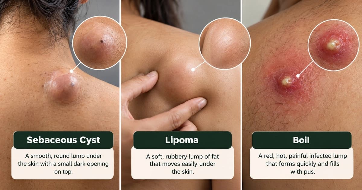 Sebaceous cyst vs lipoma vs boil showing the visible differences between three common skin lumps.