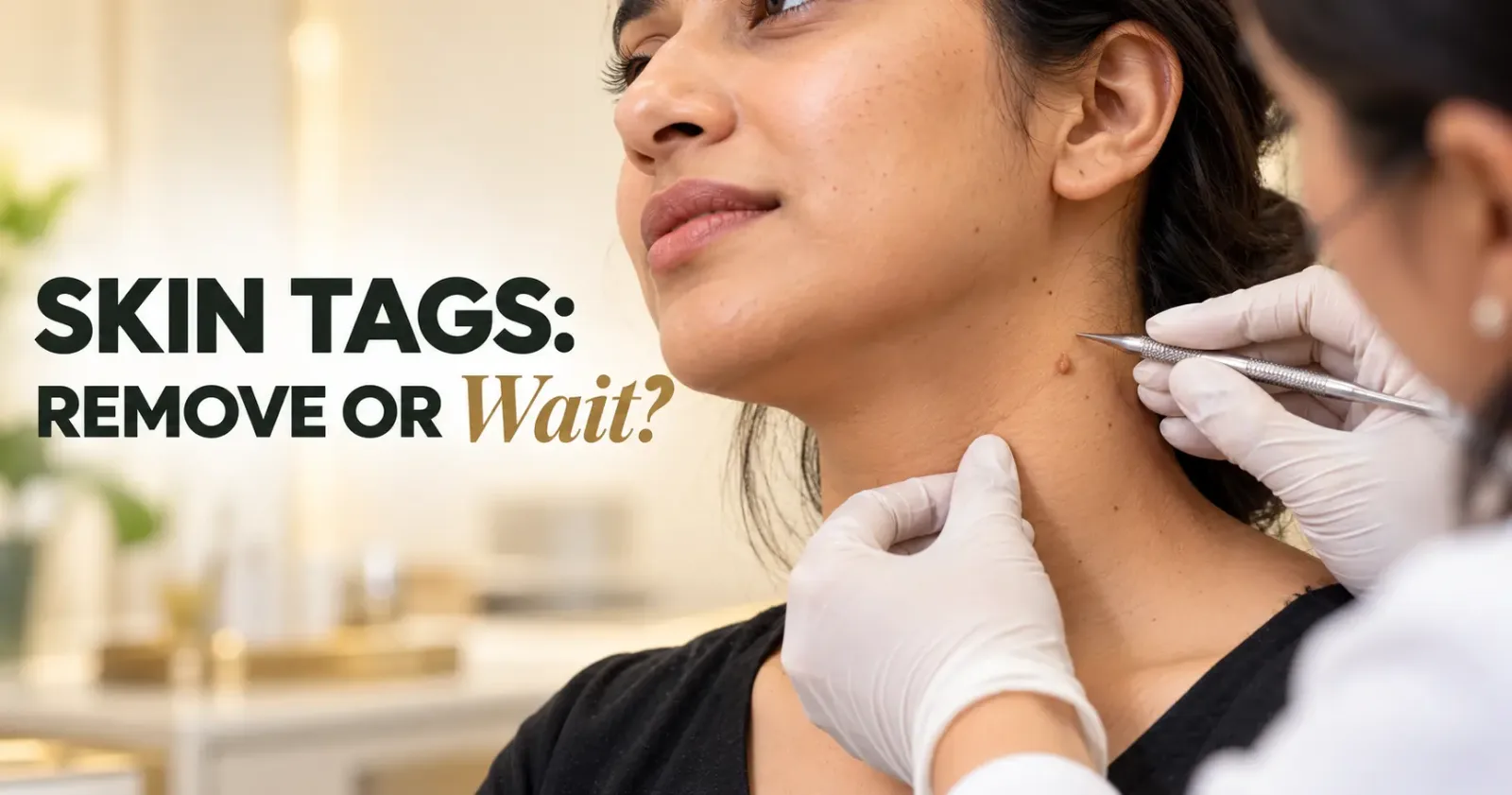 Dermatologist examining a small skin tag on an Indian woman's neck at a clinic Copy alt text