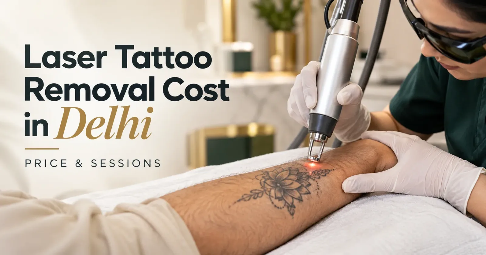Laser tattoo removal treatment using a laser handpiece on a tattooed arm at a clinic in Delhi