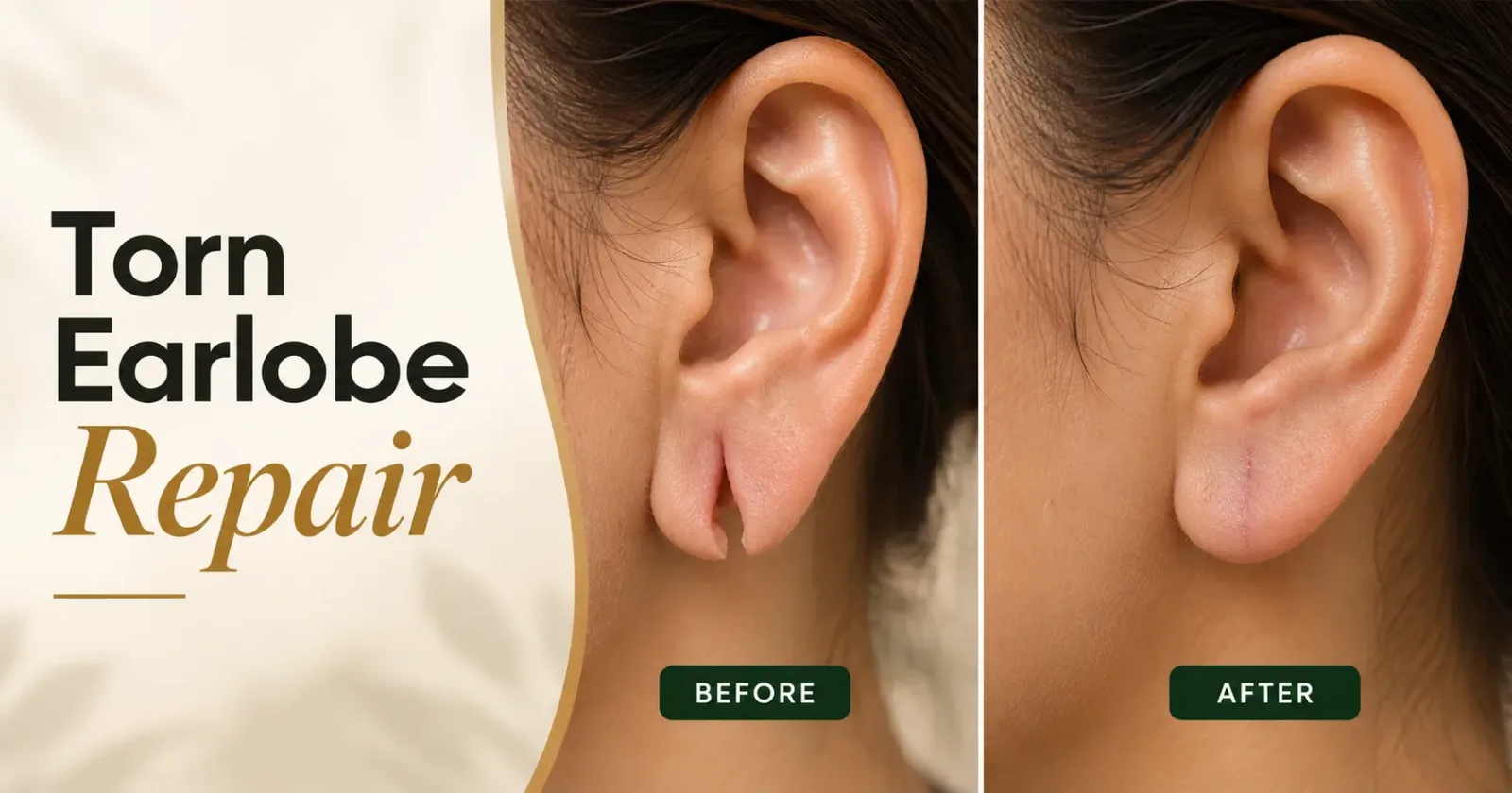Torn earlobe repair before and after comparison showing a split earlobe and its repaired appearance.