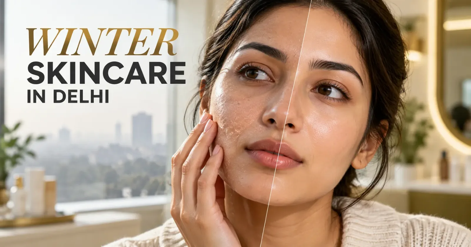Indian woman with dry, flaky winter skin and hydrated skin, illustrating winter skincare tips for dry and dull skin in Delhi.