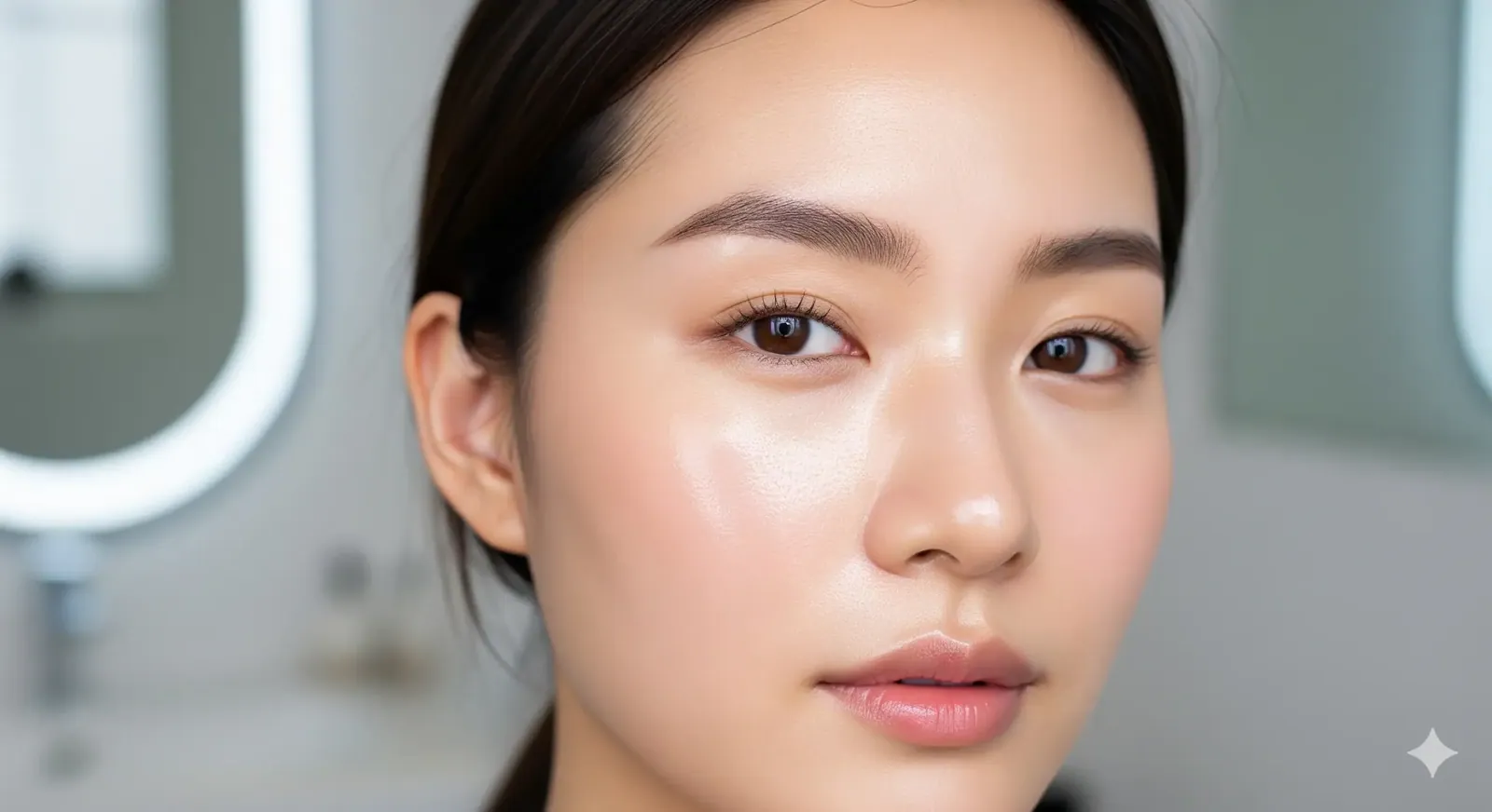 Close-up of a young woman with radiant 'glass skin,' showcasing the healthy and luminous complexion achieved with K-Beauty skincare. Her natural glow reflects the effectiveness of Korean beauty treatm