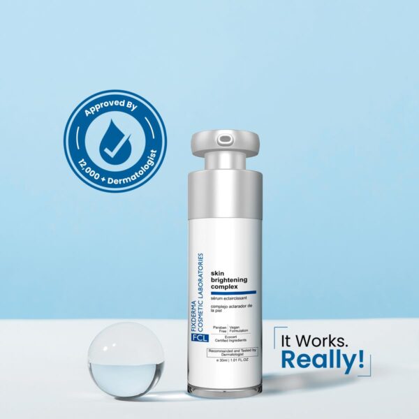 Application of FCL Brightening Complex onto skin, demonstrating its smooth texture and quick absorption for a brighter complexion.