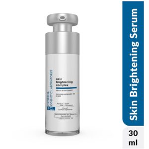 Close-up of FCL Brightening Complex serum bottle, highlighting its advanced formula for radiant skin.