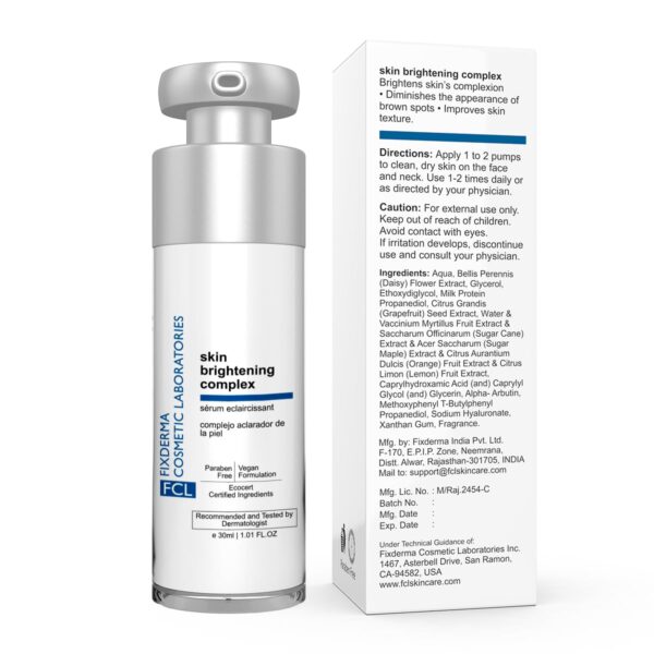 FCL Brightening Complex jar, displayed among other skincare products, promoting a comprehensive brightening routine.